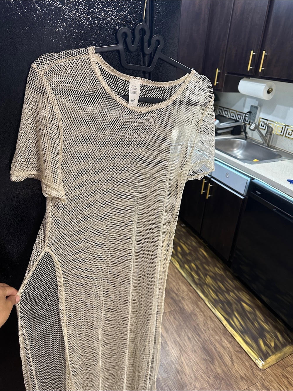 Beige Sheer Mesh Short-Sleeve Swim Cover-Up